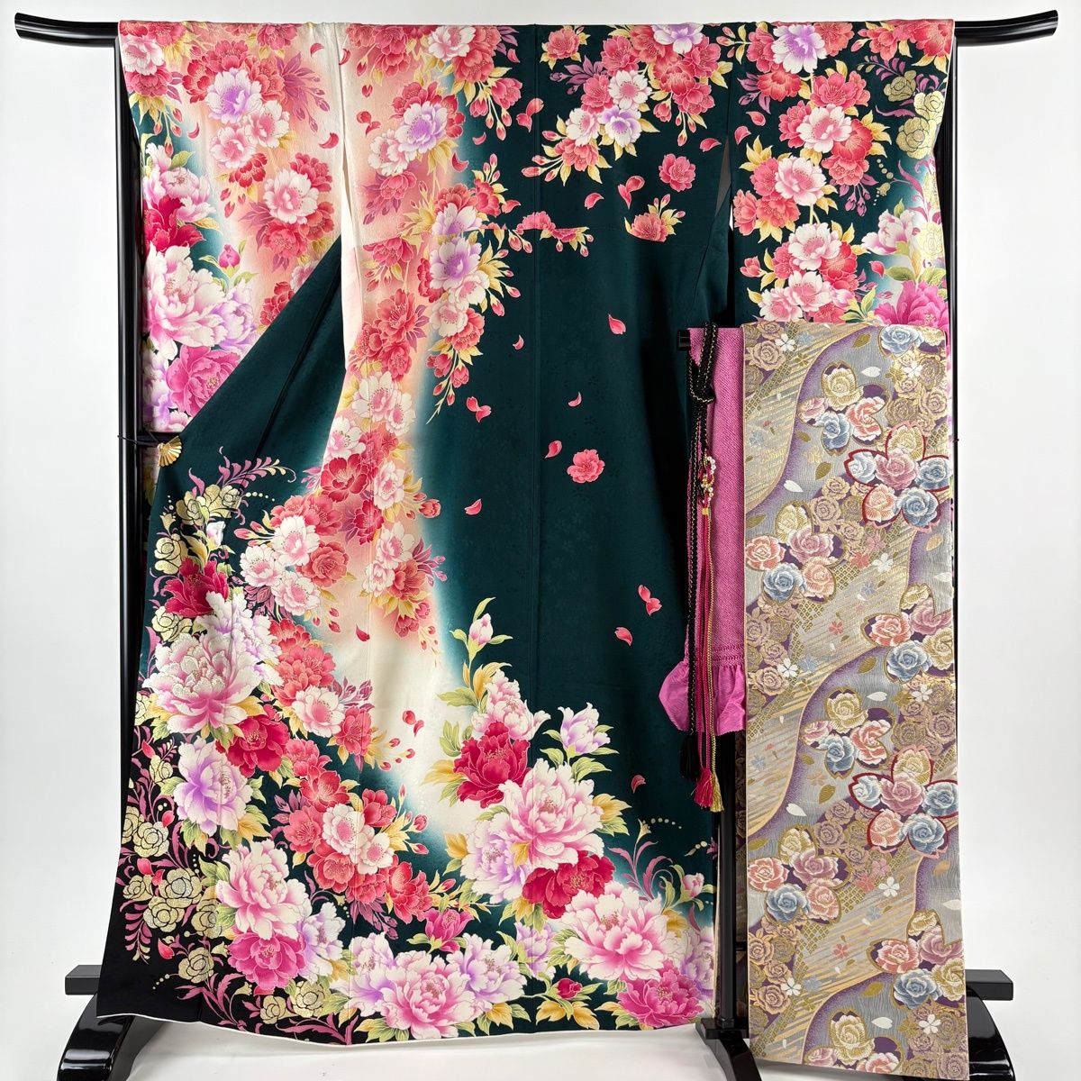 振袖 身丈166 cm 裄丈65 5 M 袷 袋帯フルセット 牡丹 薔薇 金銀彩 刺繍 深緑 正絹
