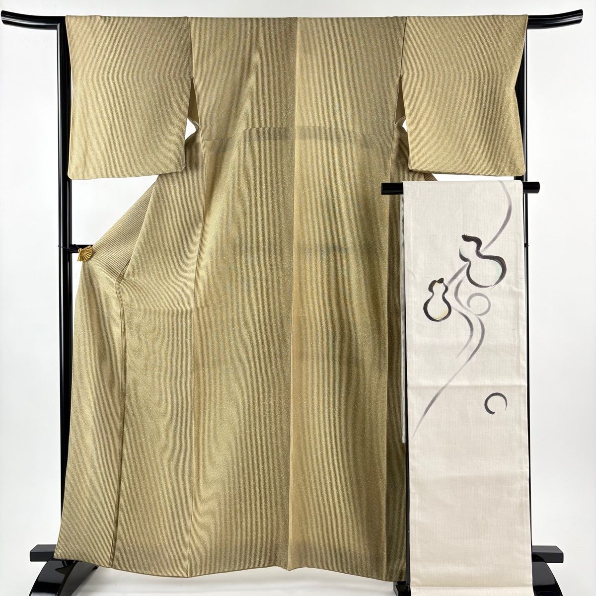 小紋 身丈164 cm 裄丈66 M 袷 袋帯セット 金田昇 落款 縞 金彩 茶緑色 正絹 秀品