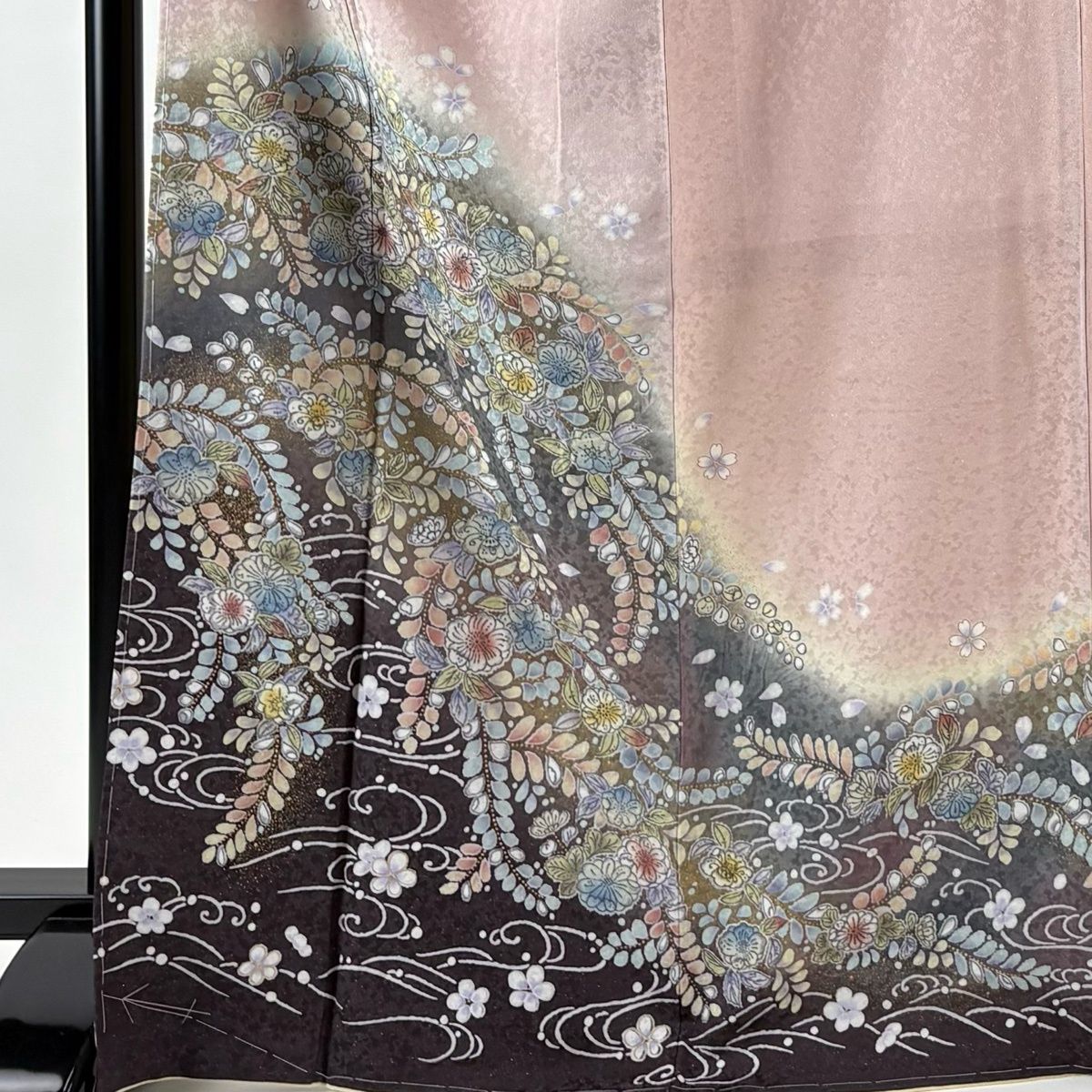 訪問着 身丈169 cm 裄丈68 L 袷 袋帯セット 草花 波 銀通し 金彩 薄ピンク 正絹 秀品