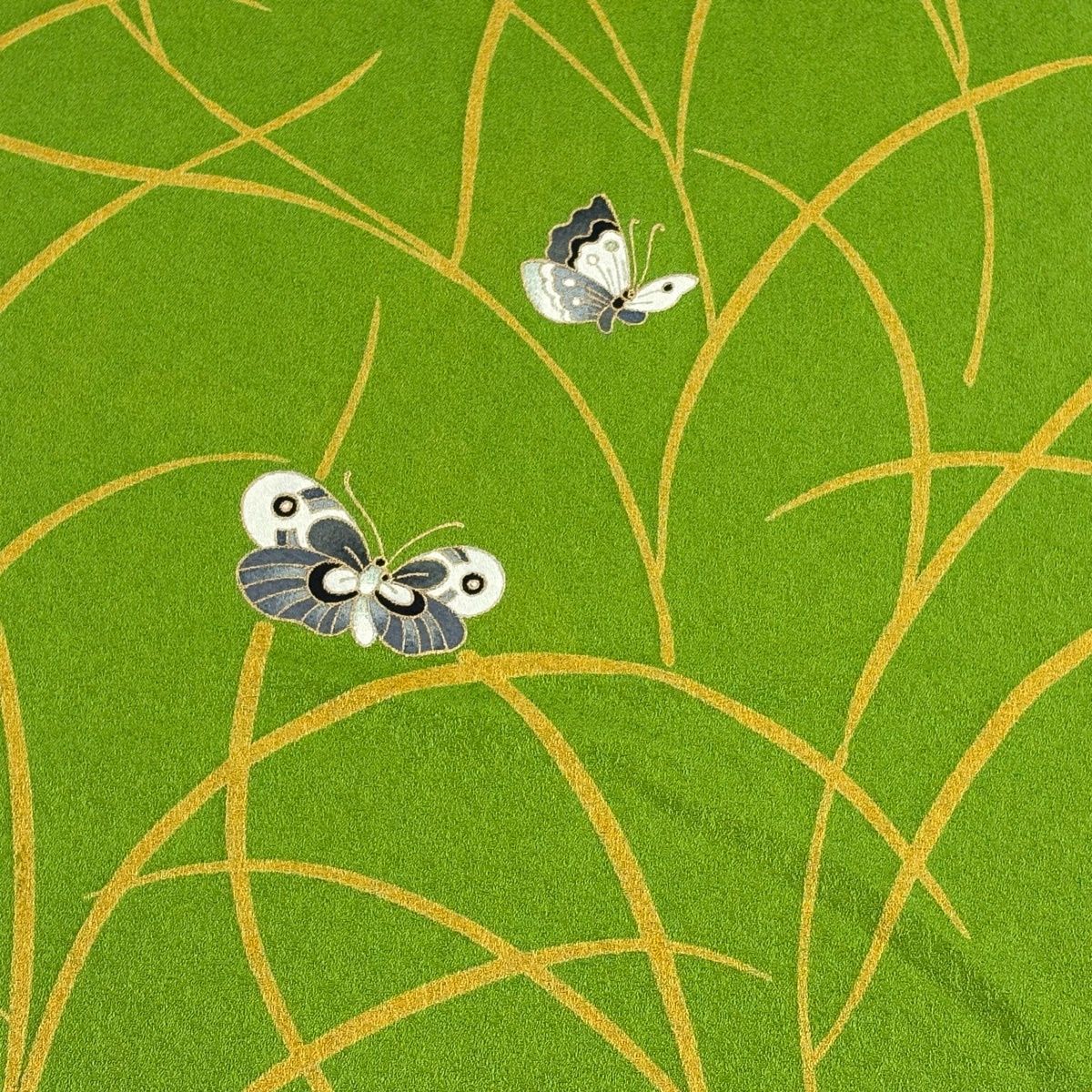 反物 秀品 小紋 蝶 葉柄 金彩 黄緑色 正絹