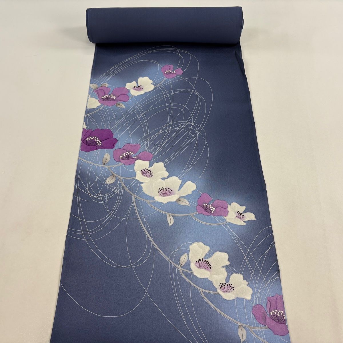 反物 秀品 付下げ 草花 ぼかし 青灰色 正絹