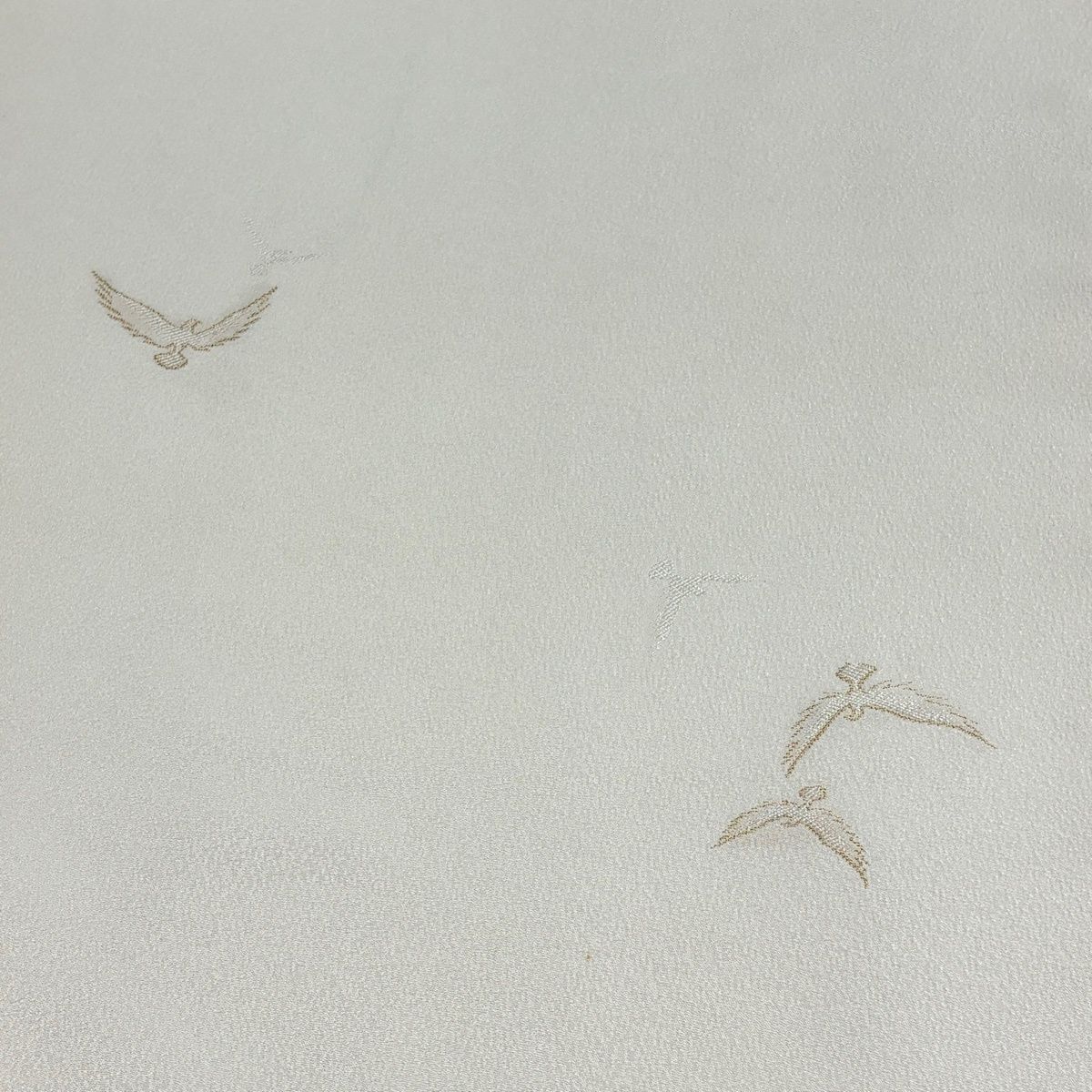 反物 秀品 小紋 斎藤三才 鳥 地紋 金糸 縮緬 クリーム 正絹