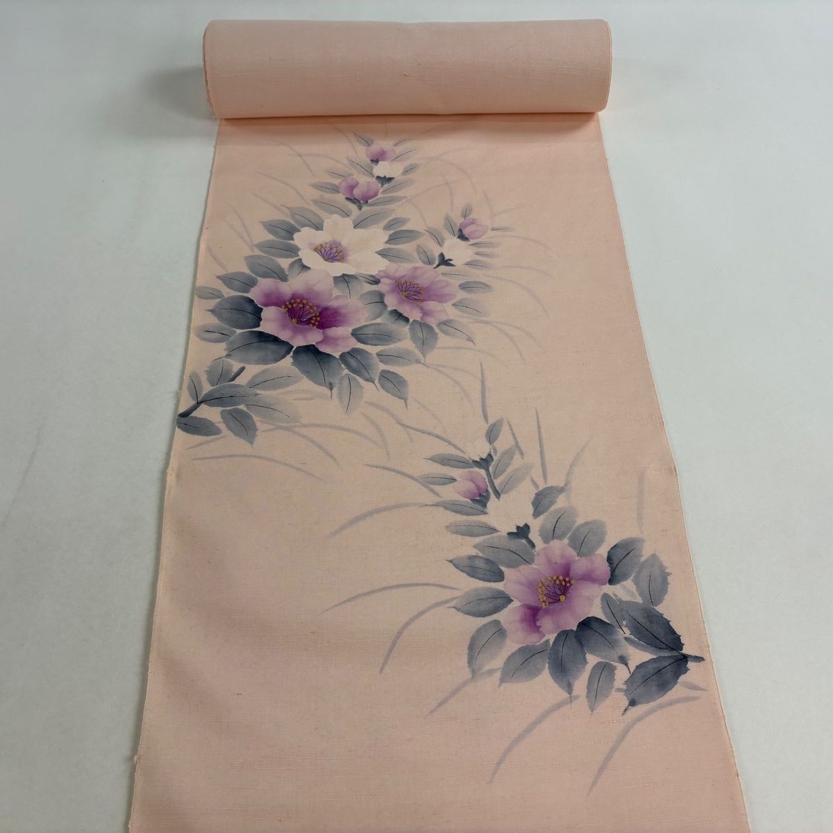 反物 秀品 付下げ 紬地 証紙 草花 ピンク 正絹