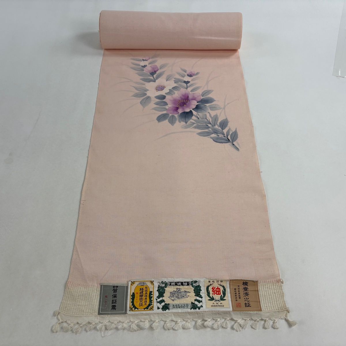 反物 秀品 付下げ 紬地 証紙 草花 ピンク 正絹