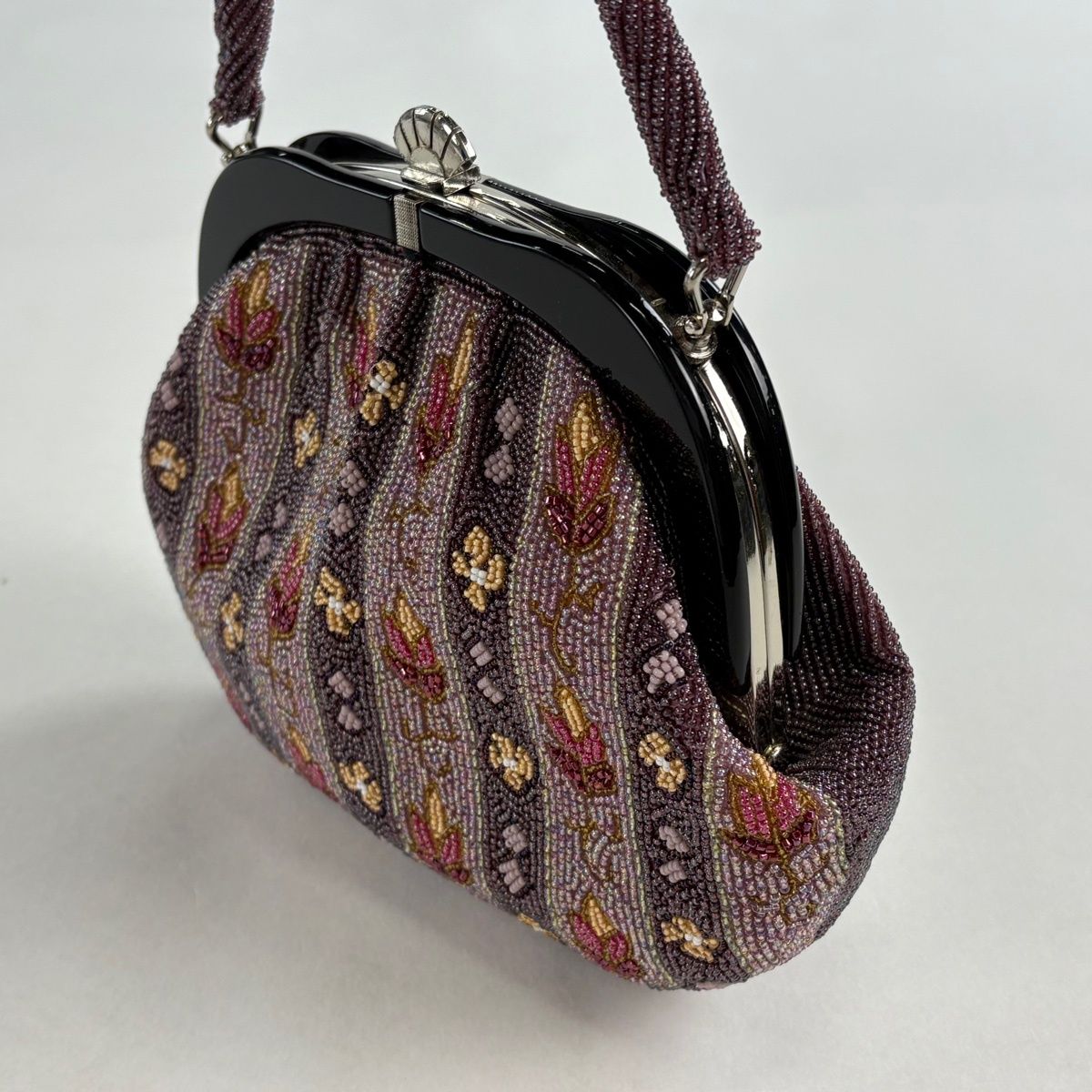 和装バッグ 優品 ビーズバッグ フォーマル 縞 草花 小豆色 ビーズ 和装