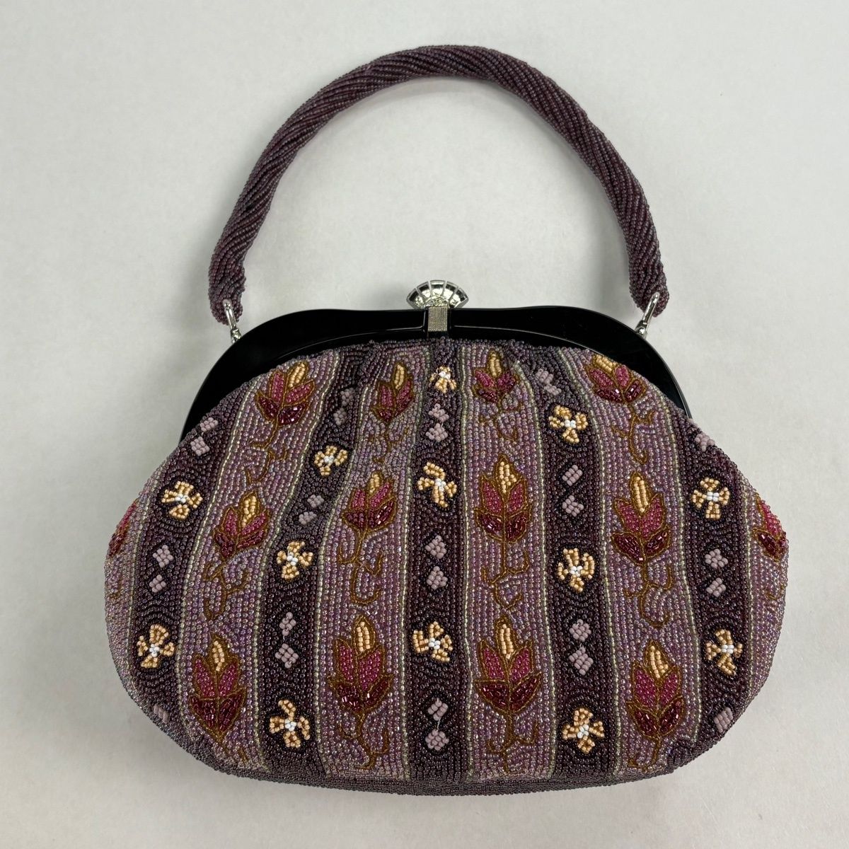 和装バッグ 優品 ビーズバッグ フォーマル 縞 草花 小豆色 ビーズ 和装小物