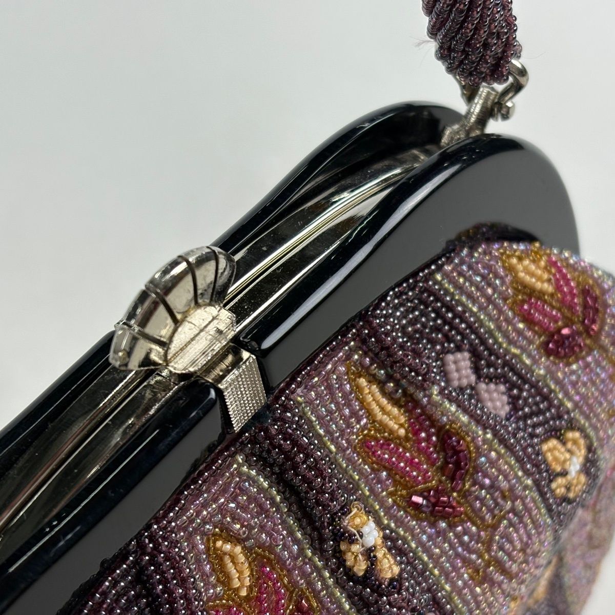 和装バッグ 優品 ビーズバッグ フォーマル 縞 草花 小豆色 ビーズ 和装