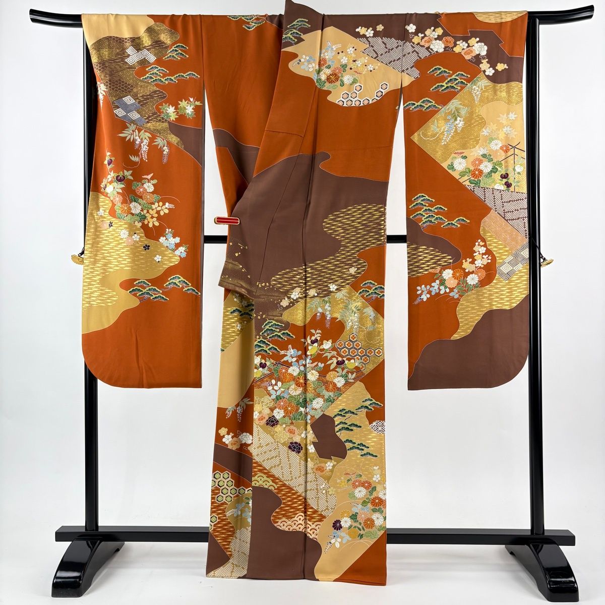  振袖 身丈162 cm 裄丈68.5 L 袷 千總 誰が袖好み 落款 草花 霞 金糸 金彩 オレンジ 正絹 振袖 着物