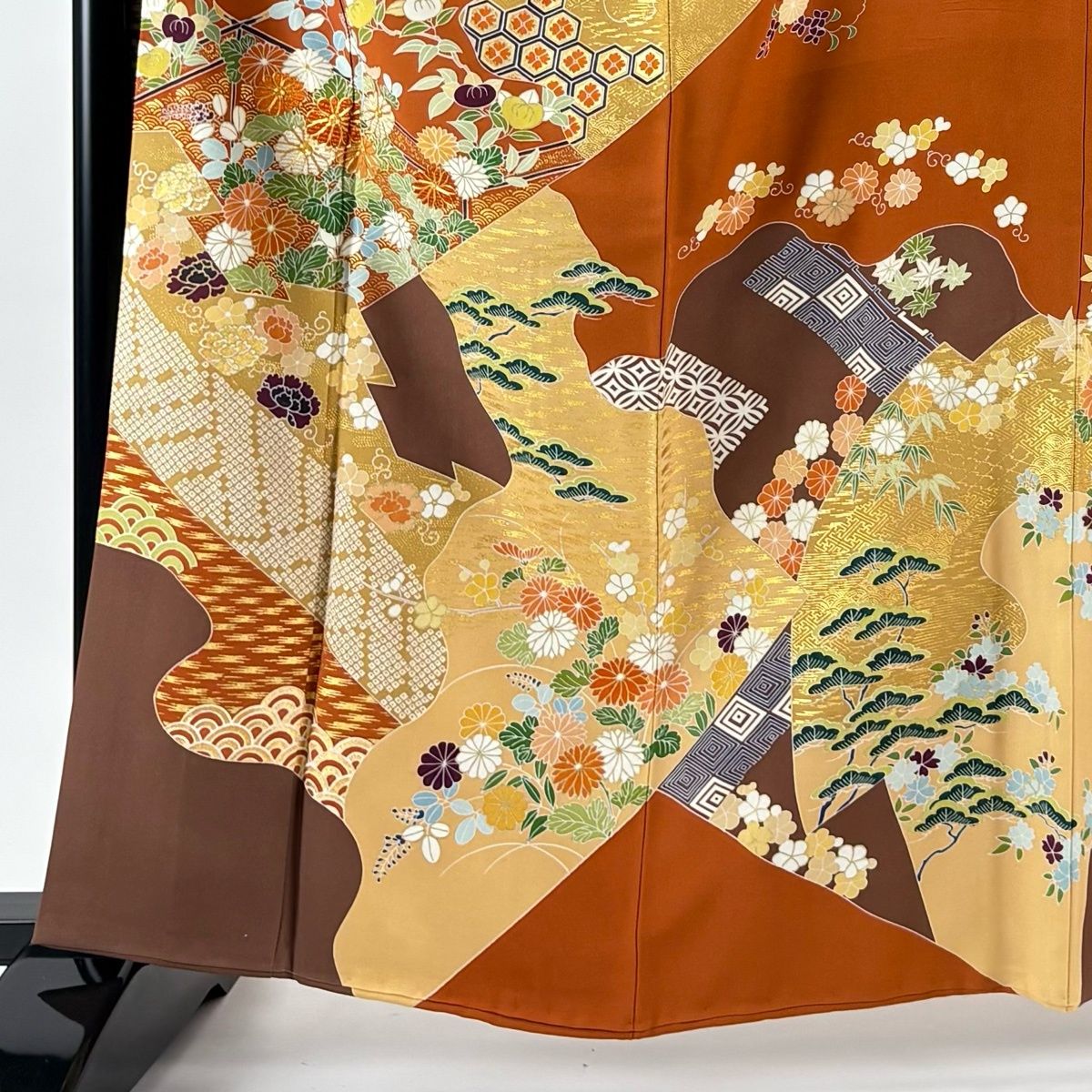 振袖 身丈162 cm 裄丈68.5 L 袷 千總 誰が袖好み 落款 草花 霞 金糸 金彩 オレンジ 正絹