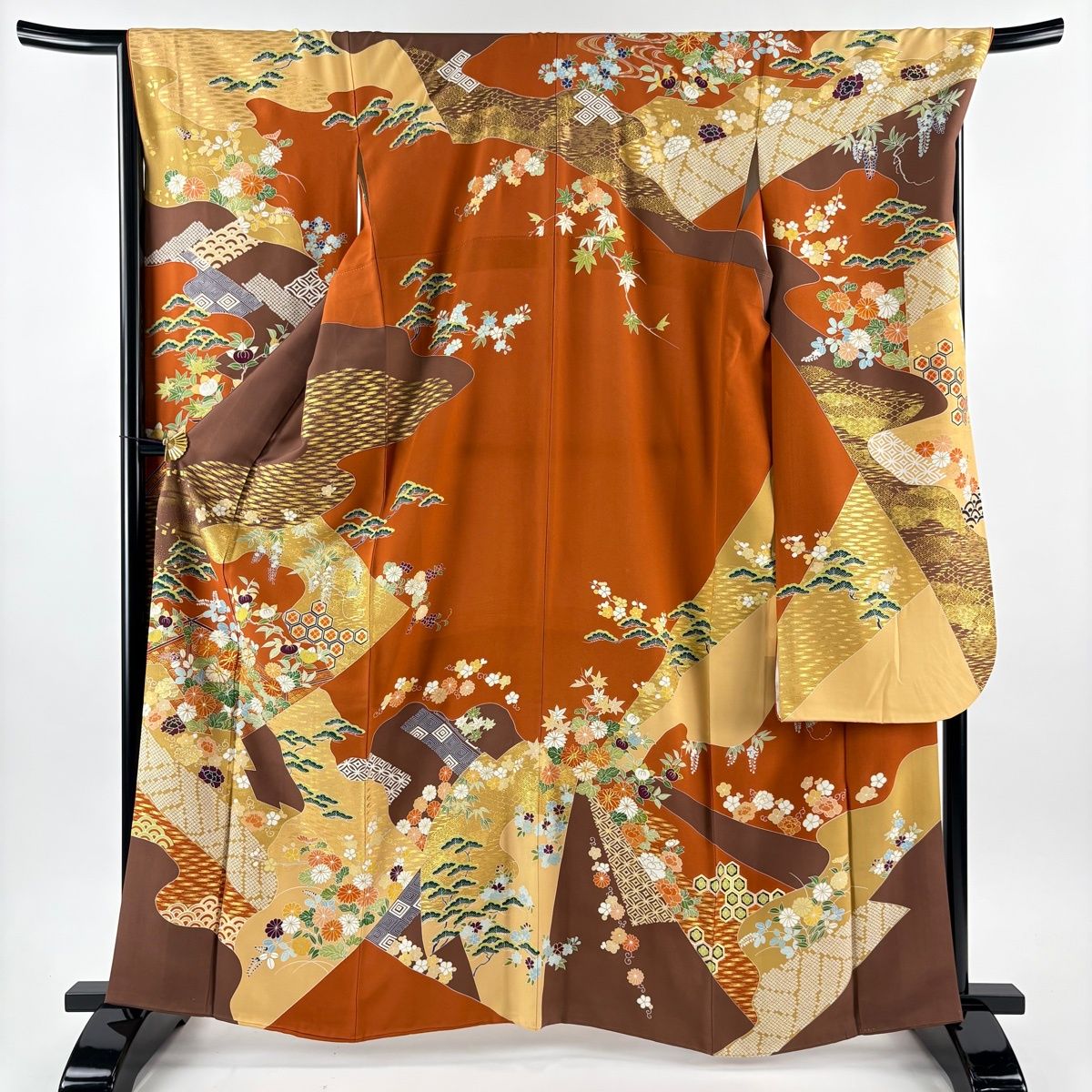 振袖 身丈162 cm 裄丈68.5 L 袷 千總 誰が袖好み 落款 草花 霞 金糸 金彩 オレンジ 正絹