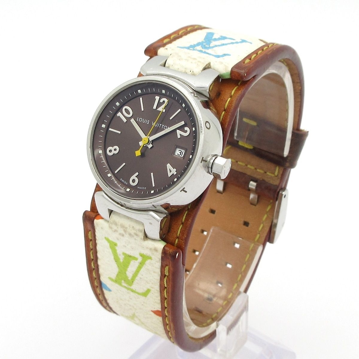 LOUIS VUITTON ヴィトン 腕時計 タンブール Q 1211 レディース SS モノグラムマルチ ベルト ダークブラウン