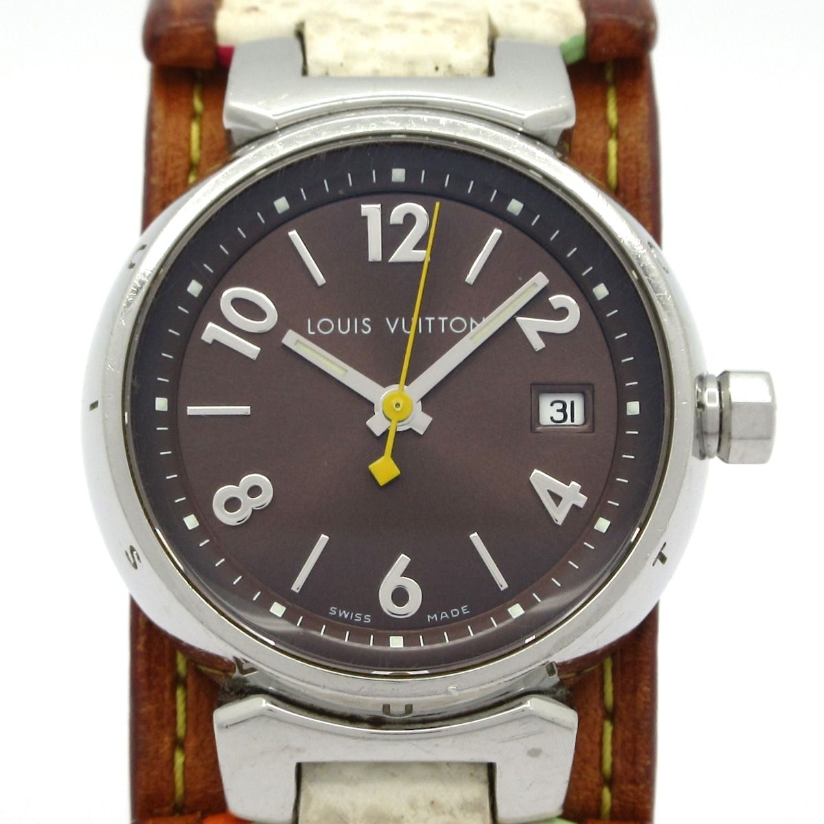 LOUIS VUITTON ヴィトン 腕時計 タンブール Q 1211 レディース SS モノグラムマルチ ベルト ダークブラウン