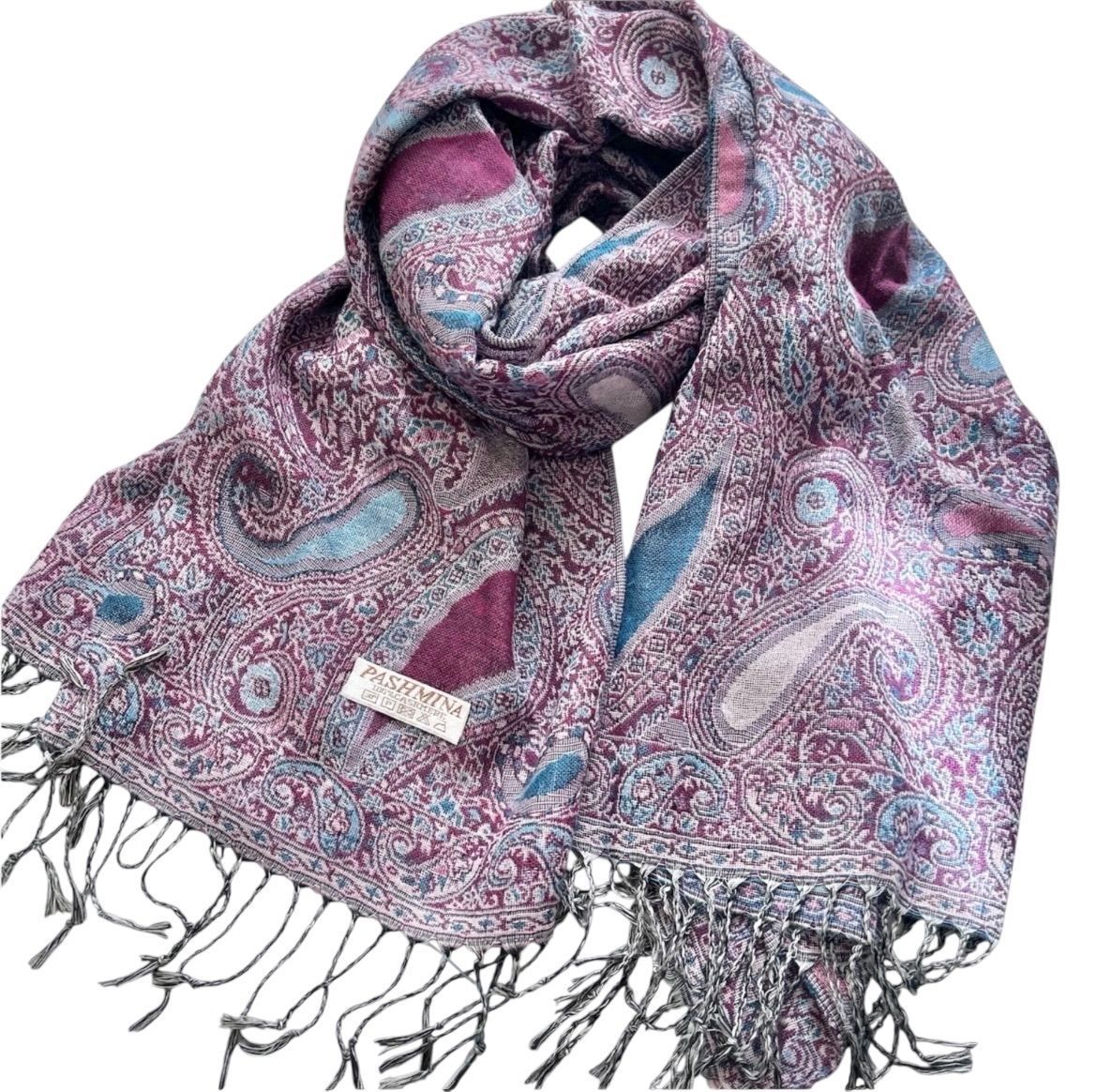 パシュミナ カシミヤ100 大判ストール マフラー ペイズリー パープル系