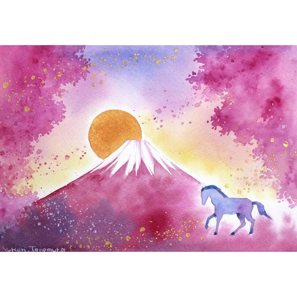 原画）富士山と馬（午） #3【A5サイズ／水彩画／#2891】2026干支