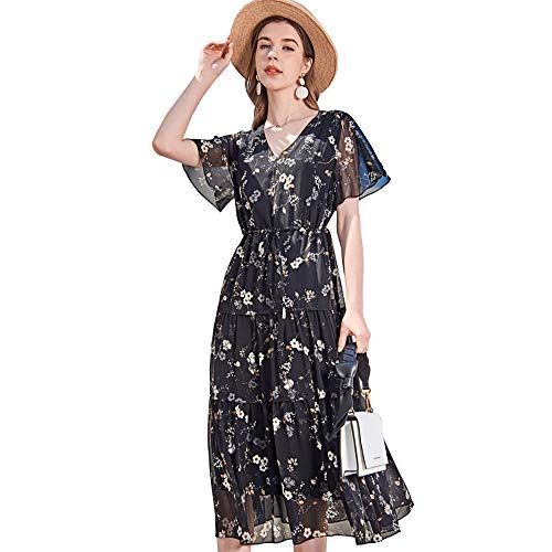 CISULI 100％シルクシフォンドレス 休日スタイル サマードレス 花プリントシルク生地 ファッションベルスリーブ 女性ロングドレス 02 XL