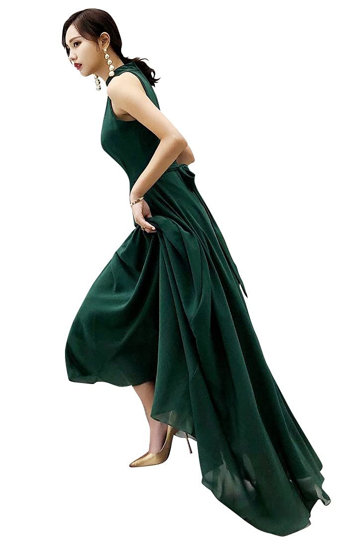 EightSTAR Dress パーティードレス 結婚式 ワンピース ロング丈 マキシ シフォン Aライン ドレス 二次会 花嫁 発表会 謝恩会 ノースリーブ ダークグリーン XL