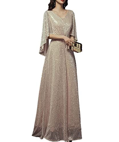 もうほうきょう CHUMO レディース ドレス イブニングドレス ロングドレス パーティードレス Vネック Aライン スパンコール エレガント おしゃれ フォーマル 着痩せ 結婚式 演奏会 披露宴 発表会 忘年会 司会者 お呼ばれ 二次会 シャンパン 2