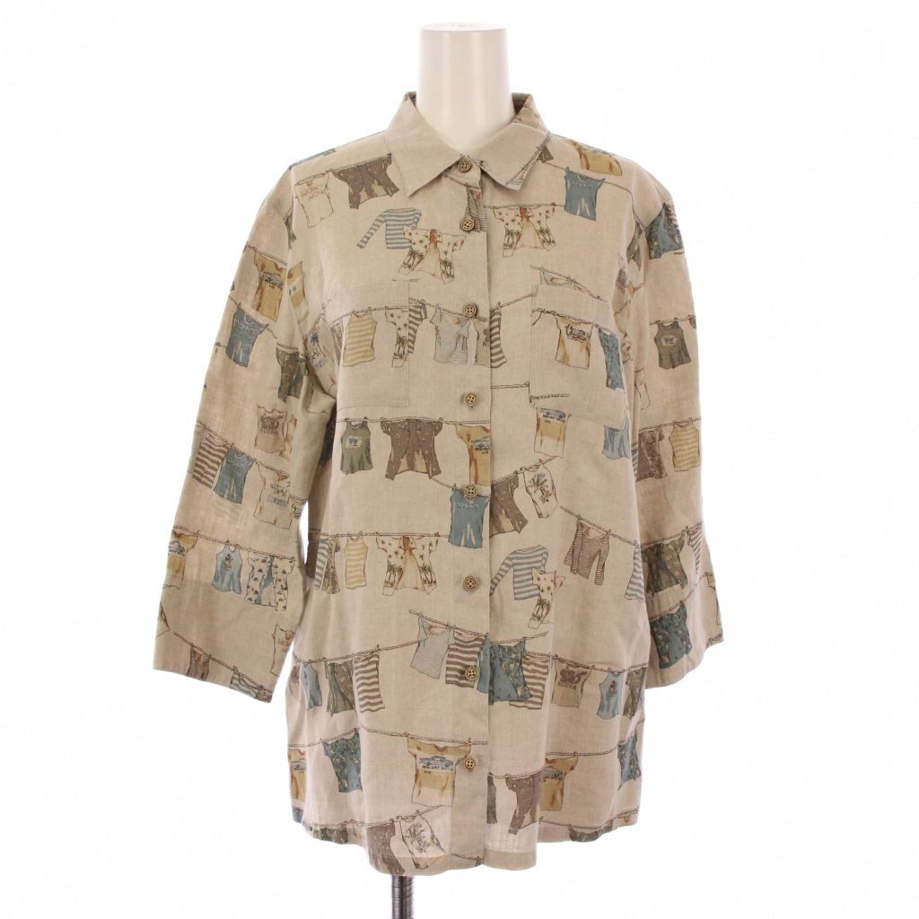 マドモアゼルノンノン mademoiselle NON シャツ ブラウス 七分袖 総柄 リネン 40 ベージュ BM