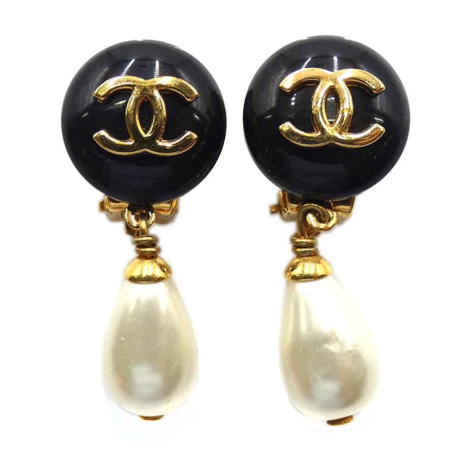 CHANEL シャネル ココマーク イヤリング フェイクパール GP ブラック ホワイト ゴールド 96 P刻印 レディース