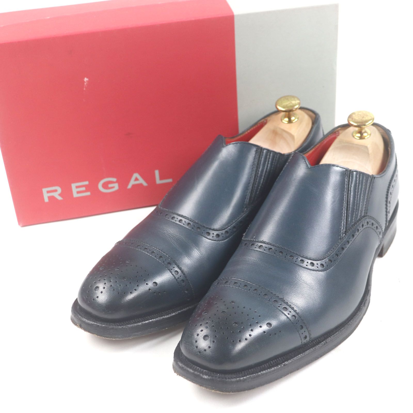 美品□REGAL リーガル レザー BUILT  TO ORDER SYSTEM フルブローグ ローファー ドレスシューズ ネイビー 26 箱付き 日本製 メンズ 美品□REGAL リーガル レザー BUILT TO ORDER SYSTEM フルブローグ