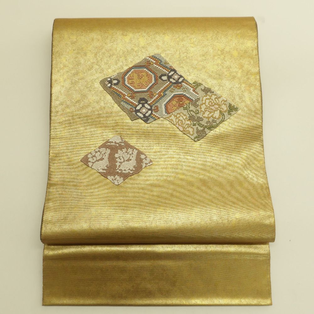 袋帯 金糸 ゴールド系 金色x茶色x多色 刺繍入り 有栖川模様 お太鼓柄 