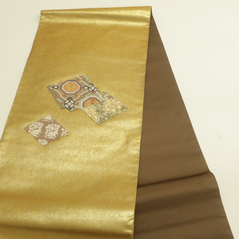 袋帯 金糸 ゴールド系 金色x茶色x多色 刺繍入り 有栖川模様 お太鼓柄 
