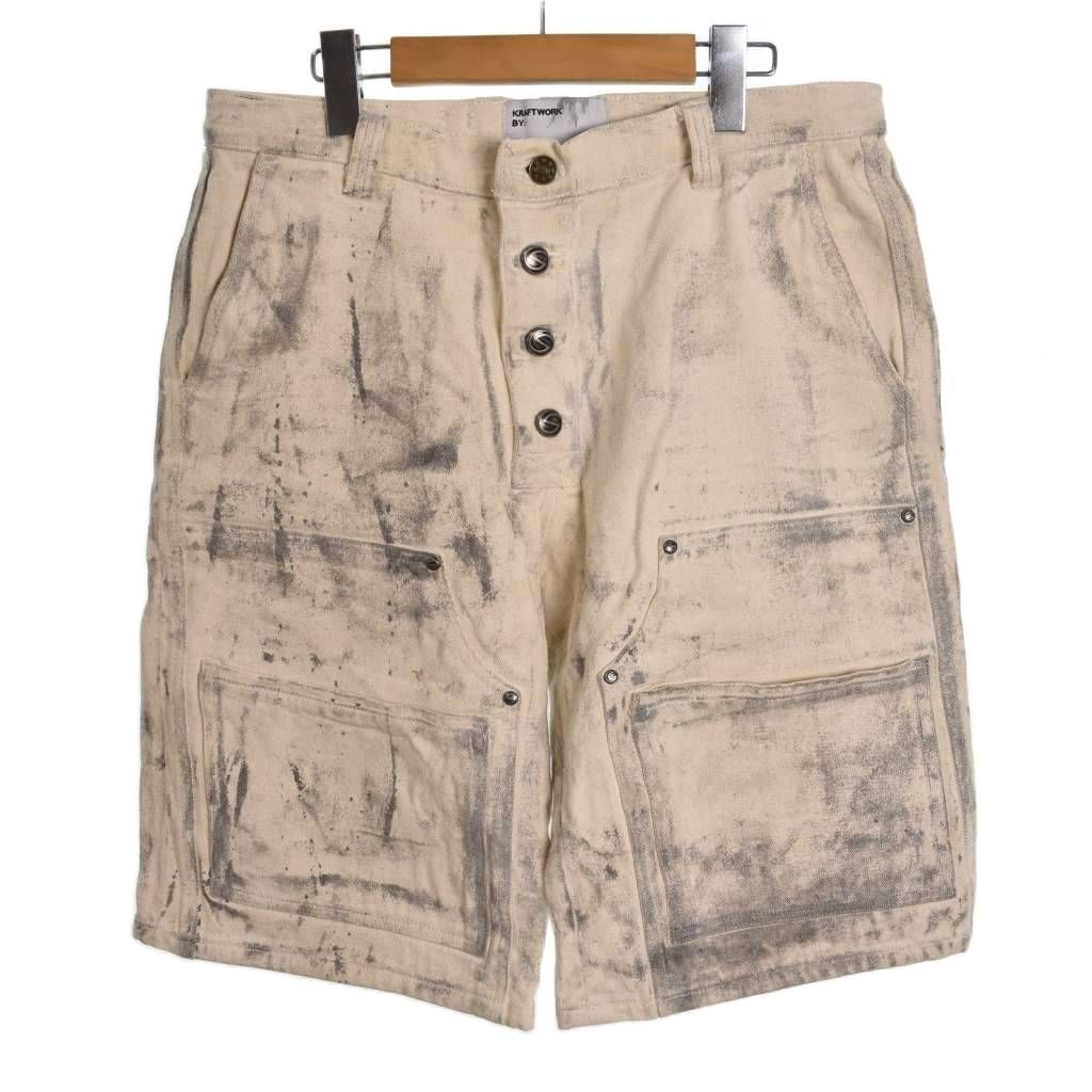 【中古】KRAFTWORK クラフトワーク デニムショートパンツ 汚れ加工 ボタンフライ 32 白 ホワイト 黒 ブラック KRAFTWORK クラフトワーク デニムショートパンツ 汚れ加工 ボタン
