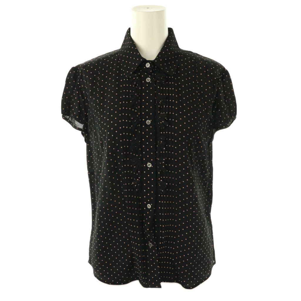 【中古】ヌメロヴェントゥーノ N°21 24SS フロントデザインドットブラウス シャツ 半袖 前開き 38 黒 ベージュ ヌメロヴェントゥーノ N°21 24SS フロントデザインドットブラウス