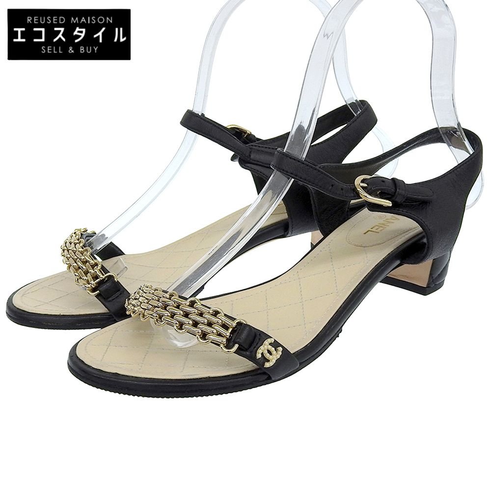 CHANEL シャネル G金具 パールココマーク チェーンデザイン バックストラップヒールサンダル レディース ブラック ベージュ 36 G 31705