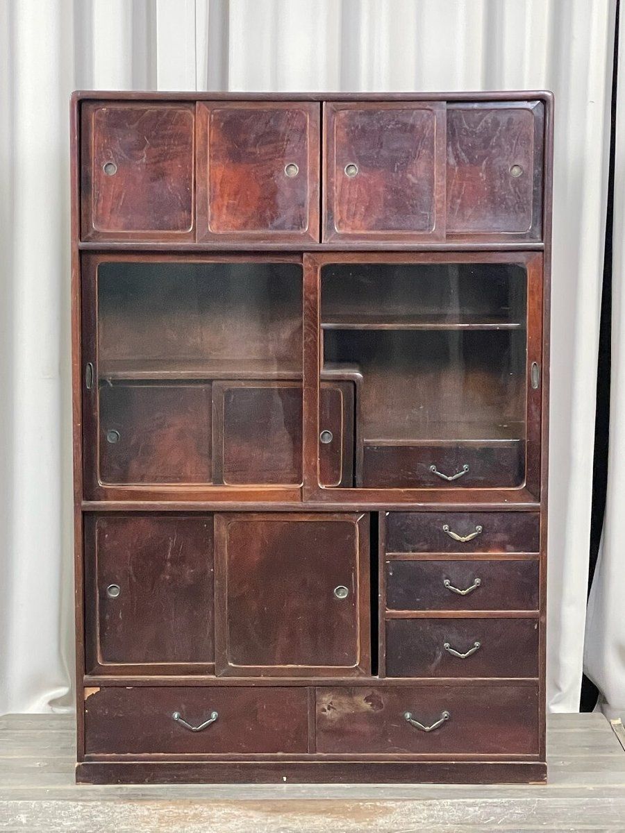 3111 古民具 アンティーク 欅材 茶箪笥 水屋 飾り棚 違い棚 レトロ