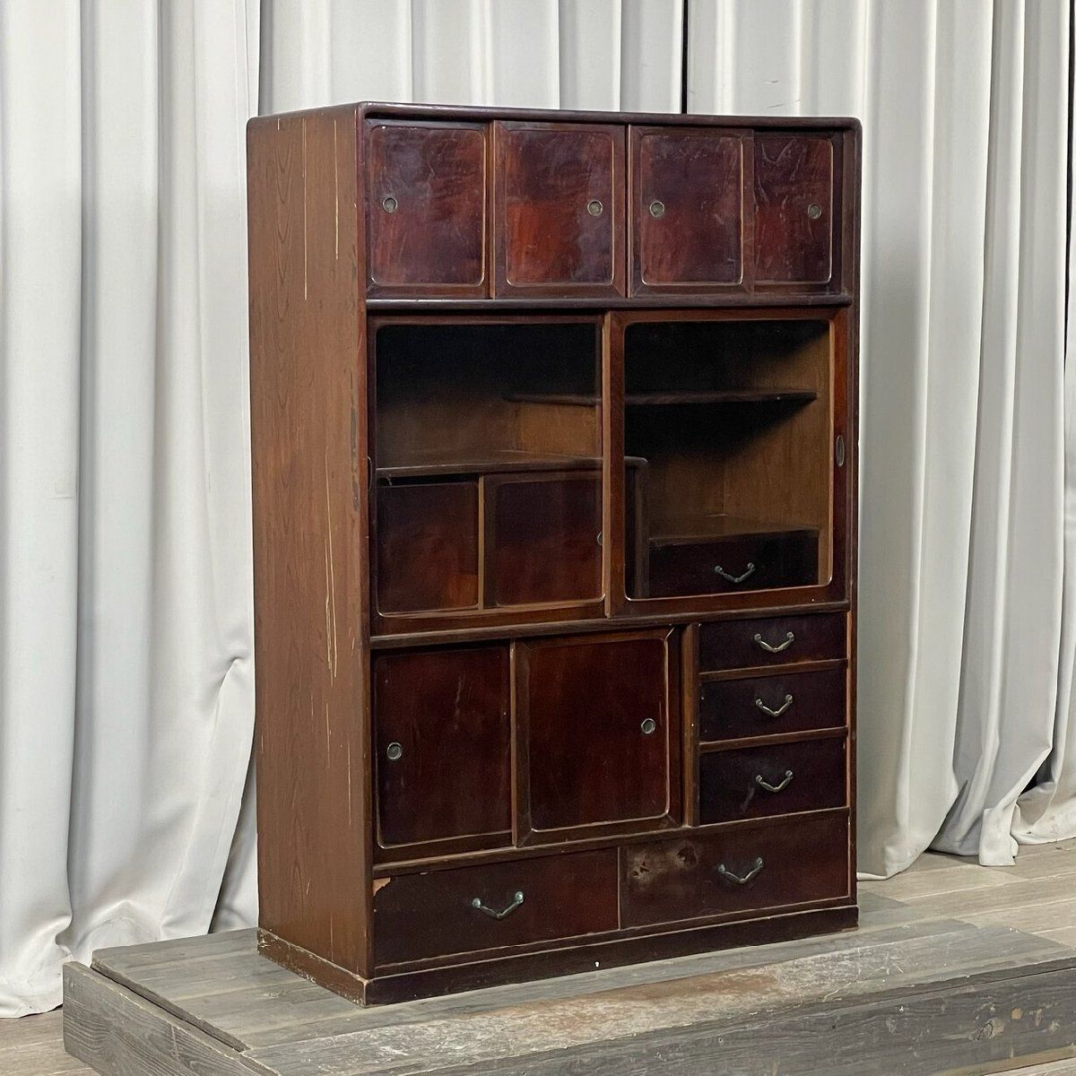 3111 古民具 アンティーク 欅材 茶箪笥 水屋 飾り棚 違い棚 レトロ