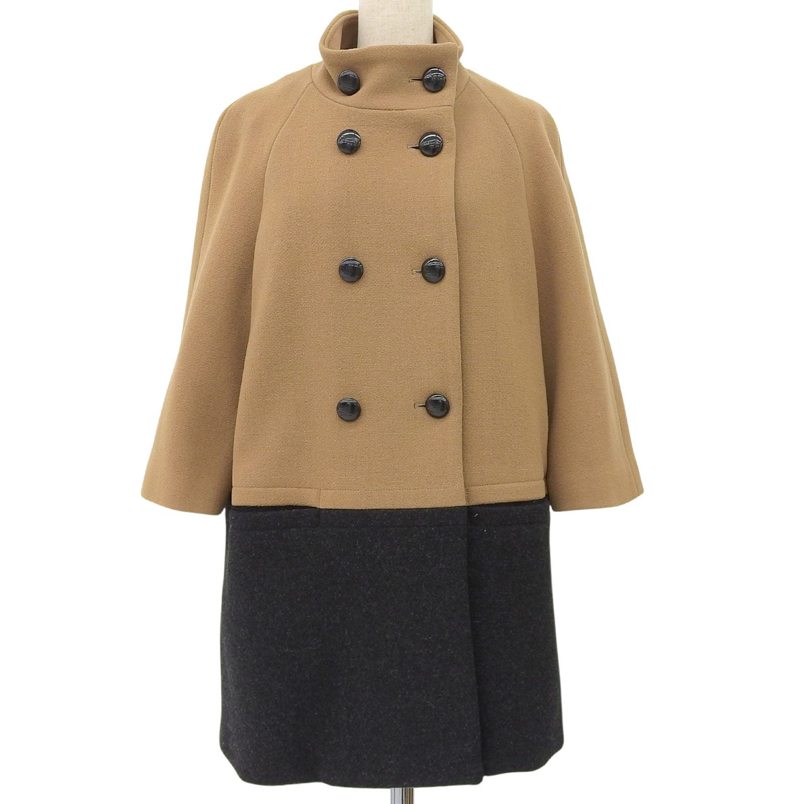 美品▲COACH コーチ アンゴラ混 スタンドカラー ダブルブレスト ウールコート バイカラー ベージュ ブラウン S/P 正規品 レディース
