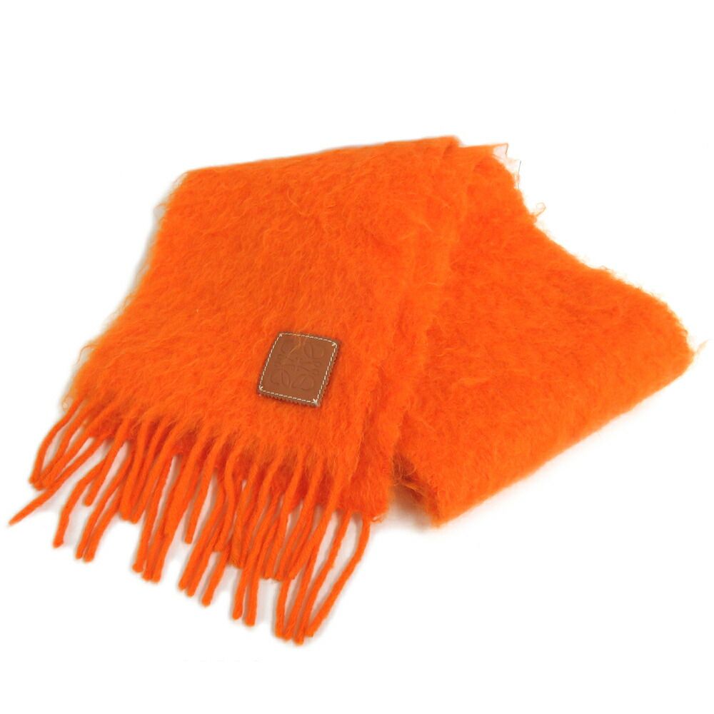 ロエベマフラー オレンジ色 名古屋】ロエベ マフラー オレンジ モヘヤ ウール フリンジ レザータグ