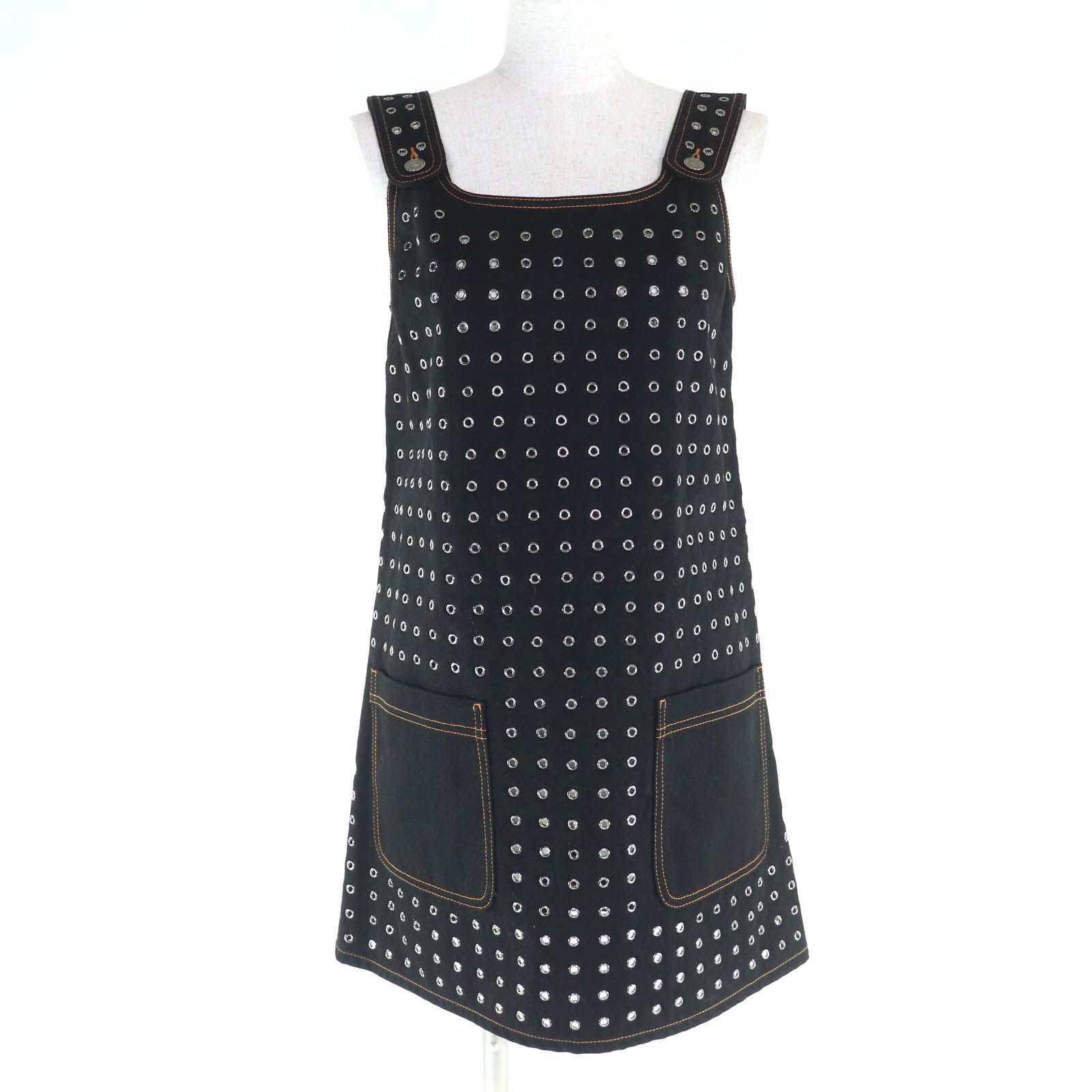 Christian Dior クリスチャンディオール コットン ロゴボタン付 グロメット スタッズ デニム ワンピース ブラック 38 イタリア製 レディース