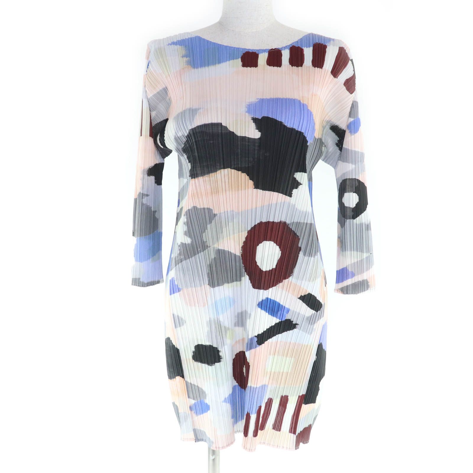 PLEATS PLEASE プリーツプリーズ イッセイミヤケ PP 61-JT 604 総柄プリント クルーネック 七分袖 ワンピース マルチ 3 レディース