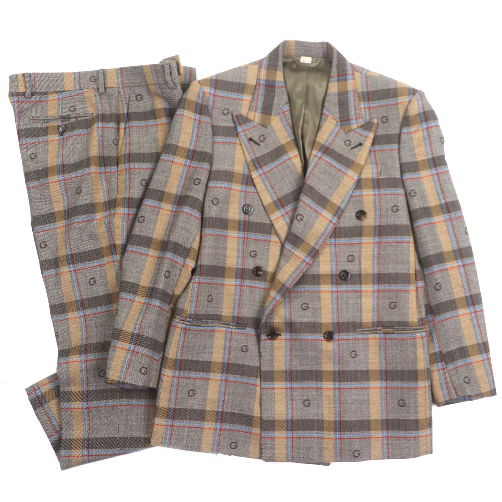 GUCCI グッチ 675837 680704 ウール GG柄 チェック柄 ダブルスーツ セットアップ ブラウン 48 ハンガー ガーメント付き イタリア製 メンズ