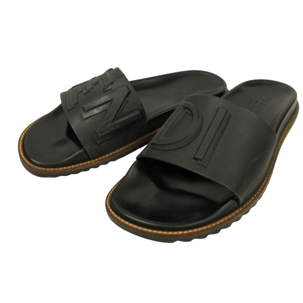 FENDI フェンディ ロゴ エンボス シャワー サンダル シューズ 靴 26.5～27 cm相当 黒 ブラック メンズ 古着