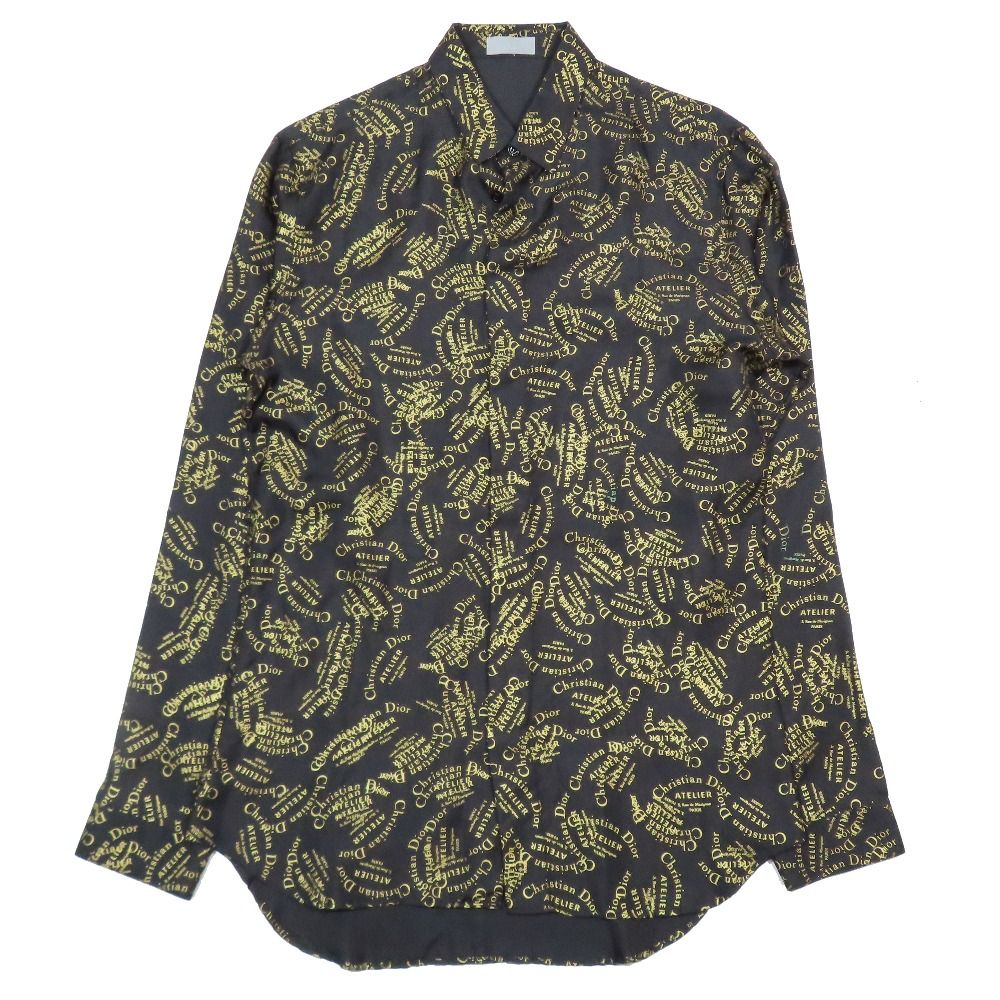 18 AW DIOR ディオール シルク100％ シャツ 長袖 ATELIER アトリエロゴ プリント 総柄 カットソー 39 ブラック ゴールド メンズ 古着