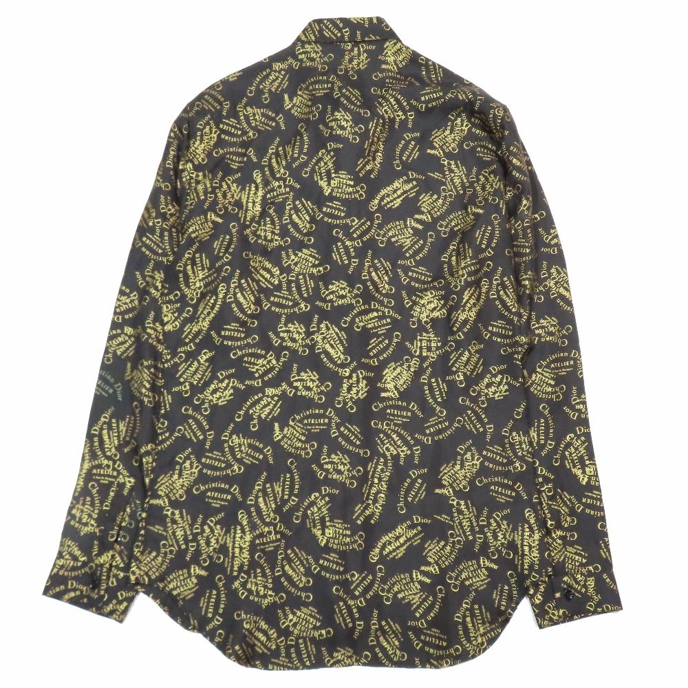 18 AW DIOR ディオール シルク100％ シャツ 長袖 ATELIER アトリエロゴ プリント 総柄 カットソー 39 ブラック ゴールド メンズ 古着