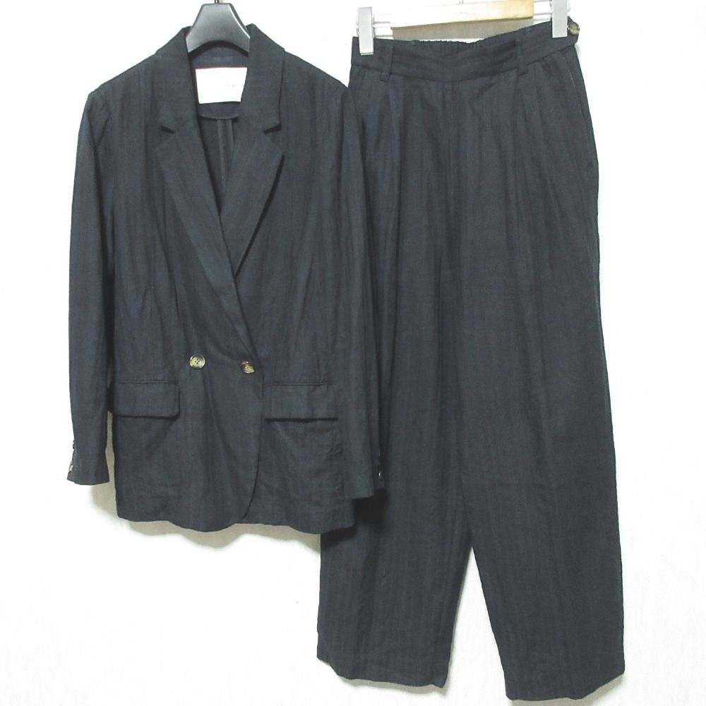 qualite カリテ 25 SS ランダムヘリンボーンリネンジャケット ランダムヘリンボーンリネンパンツ セットアップ 36 34 ブラック レディース 古着