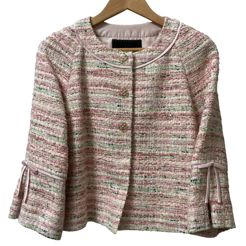 TO BE CHIC トゥービーシック フ スリーブ ツイード ノー ジャケット サイズ40 ピンク×グリーン レディース 古着