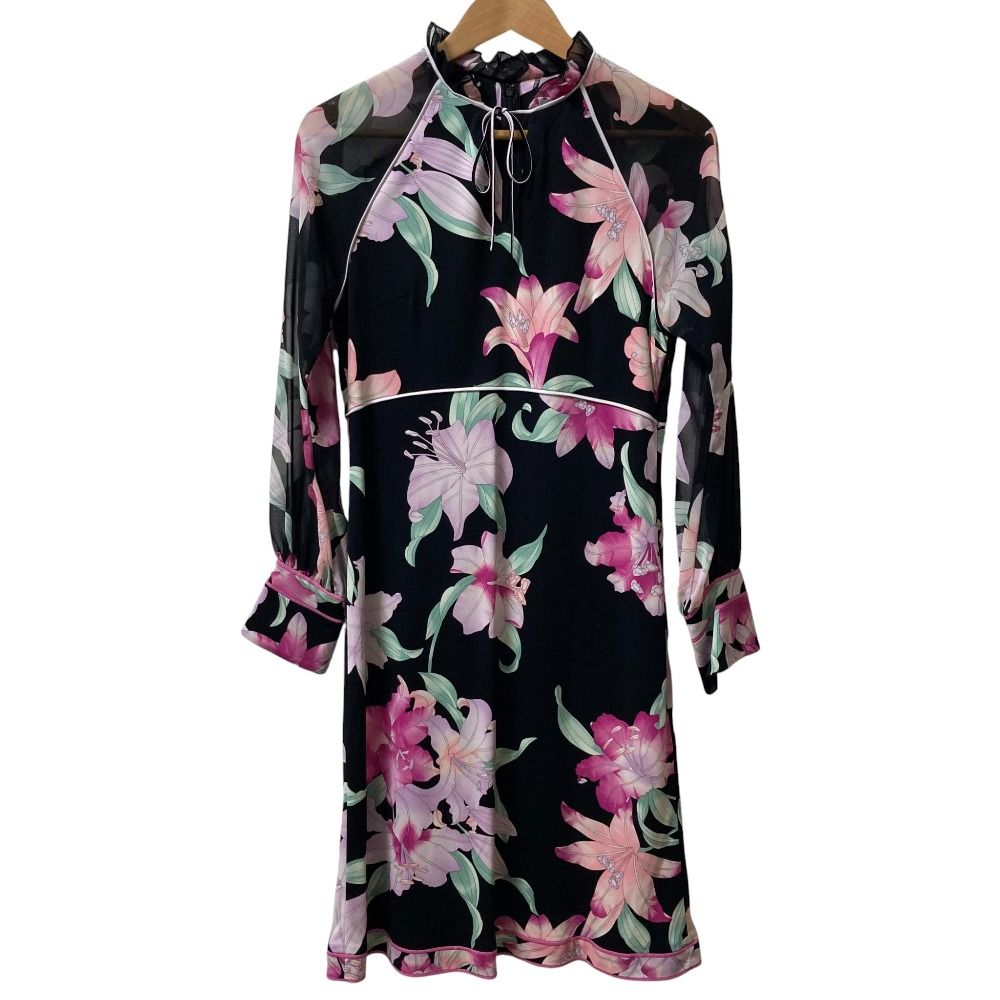 LEONARD レオナール カンカンストレッチ シアースリーブ フラワープリント ワンピース サイズ38 ブラック×ピンク レディース 古着