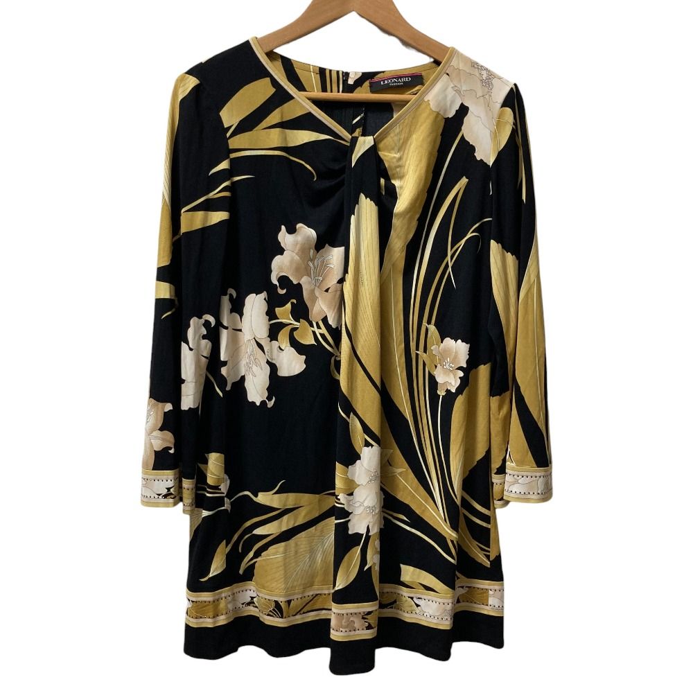 LEONARD レオナール カンカンストレッチ フラワープリント ロングスリーブ チュニック ブラウス サイズ42 ブラック レディース 古着