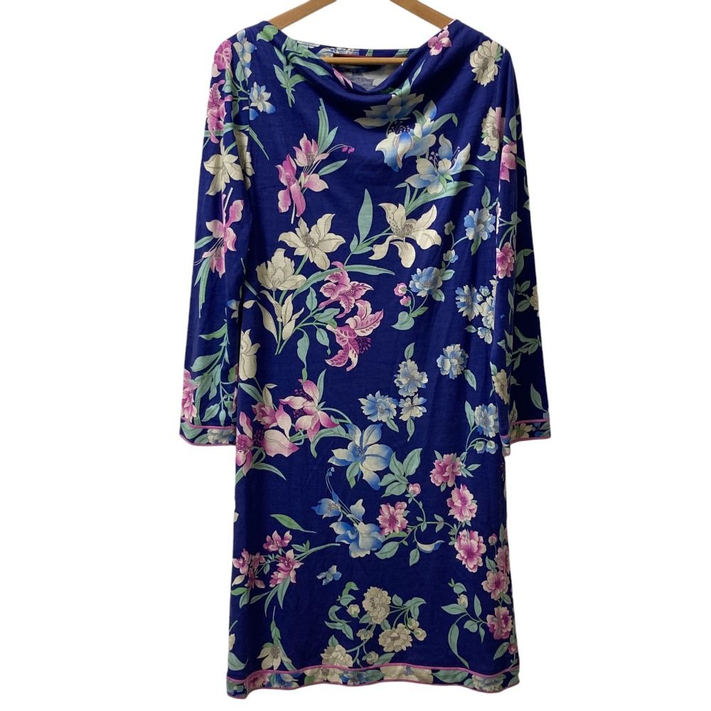 LEONARD レオナール フラワープリント ウール×シルク ドレープネック ロングスリーブ ワンピース サイズ42 ブルー レディース 古着