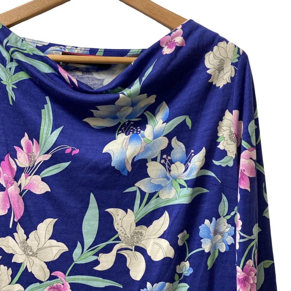 LEONARD レオナール フラワープリント ウール シルク ドレープネック ロングスリーブ ワンピース サイズ42 ブルー レディース 古着
