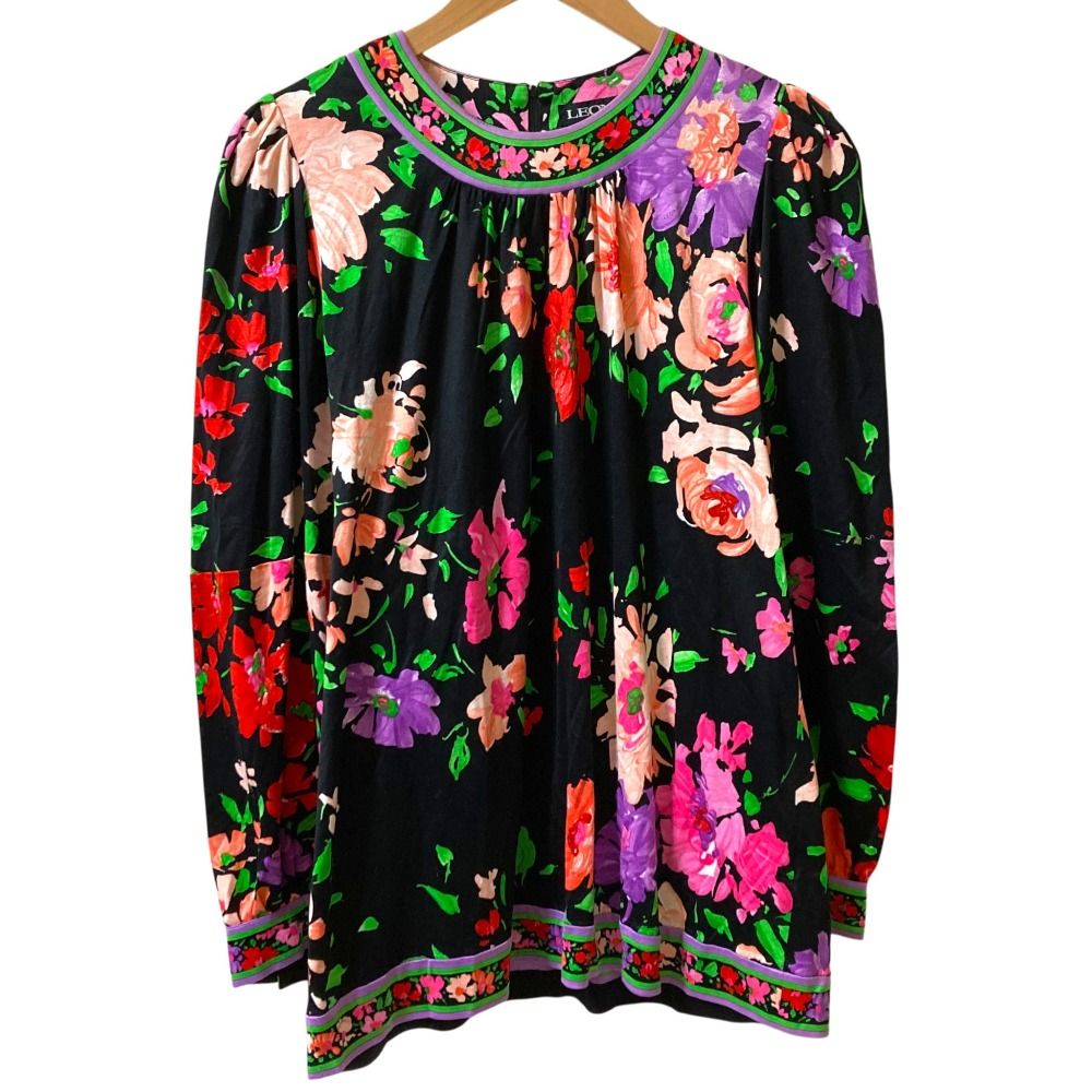 LEONARD レオナール フラワープリント コットンカットソー LLサイズ ブラック レディース 古着