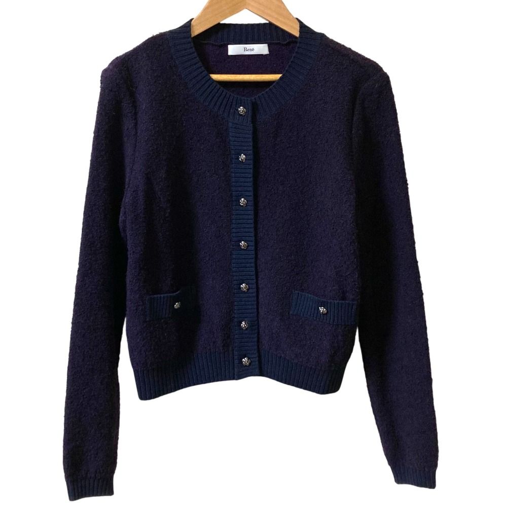 新品【Reneルネ】定価52,800円 ウォッシャブルカーディガン 36 美品 25AW Rene ルネ フラワーボタン ツイードニットカーディガン