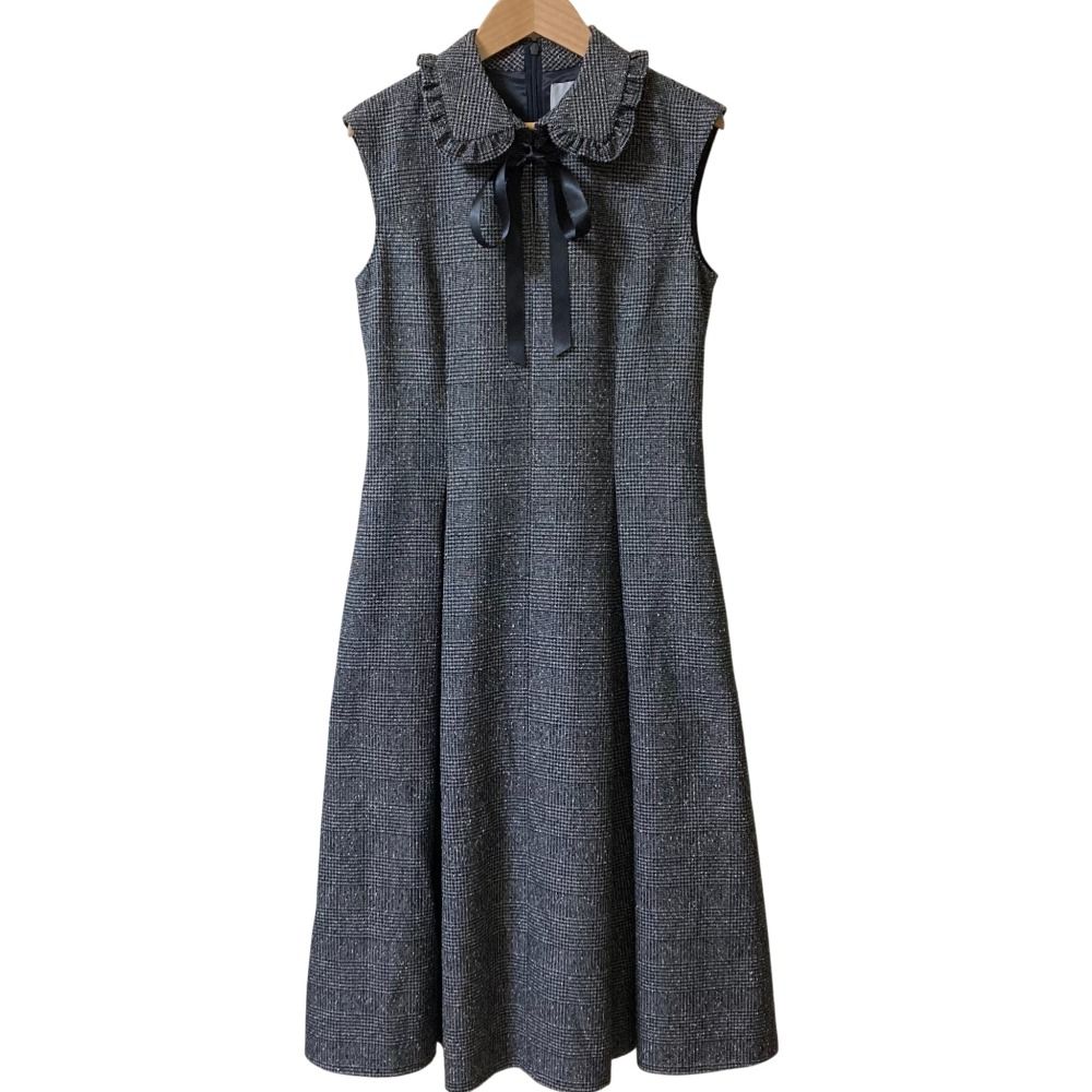 25 AW Rene ルネ サテンリボン グレンチェック ツイードワンピース 6536310 サイズ34 グレー レディース 古着