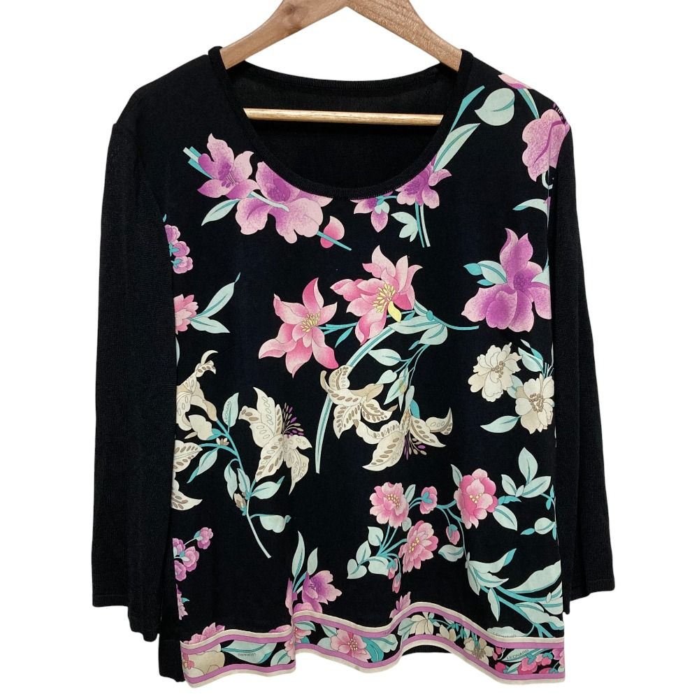 良品 LEONARD レオナール カンカンストレッチ フラワープリント カットソー サイズ42 ブラック レディース 古着  USED