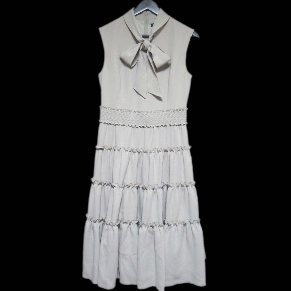 Rene ルネ 25年製 リボンタイ付き ノースリーブ フリル ティアード ワンピース 5536130 サイズ36 グレージュ レディース 古着